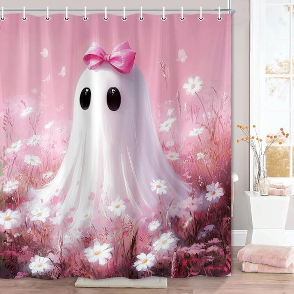 Pink Halloween Shower Curtain, Cute Bow Ghost Floral Flower Shower Curtains for Bathroom Decor, Funny Girl Spooky Halloween Fabric Bath Curtain Set with Hooks, 70X70IN