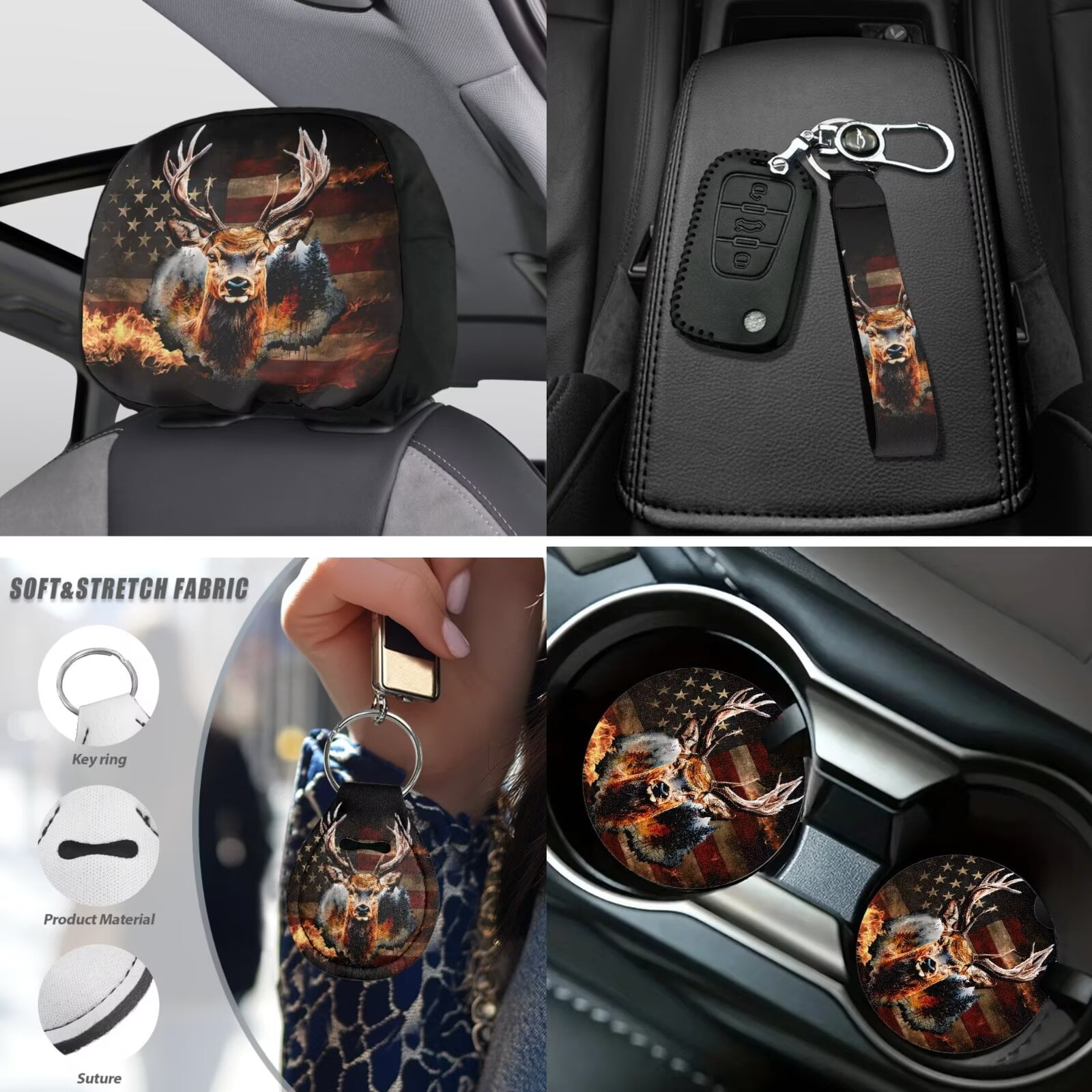 Uorisanigo American Flag Deer Front and Back Seat Covers with Seatbelt Shoulder Pad Center Console Cover Steering Wheel Wrap Headrest & Gear Shift & Handbrake Covers Coasters Keychain,18 Pieces