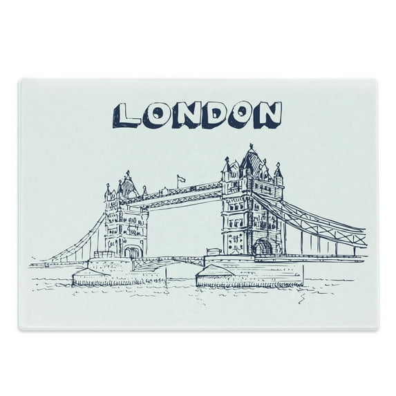 London Cutting Board, Tower Bridge in London British Architecture International Culture Illustration, Decorative Tempered Glass Cutting and Serving Board, Large Size, Black White, by Ambesonne
