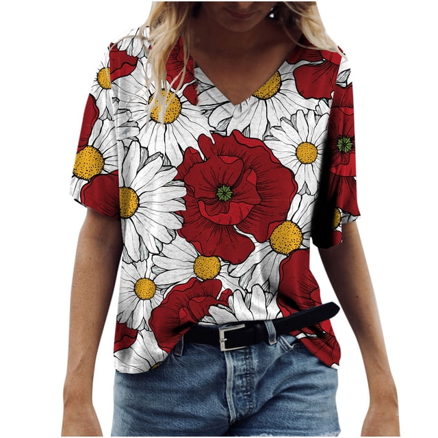 Pompotops Chemises à Imprimé Floral Tournesol pour Femmes Été Manches Courtes Col en V T-Shirts Graphiques Amples Mode Décontractée