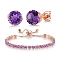 18k Rose Gold 6 Ct Amethyst Round Adjustable Tennis Bracelet and Earrings Set Plated by Paris Jewelry