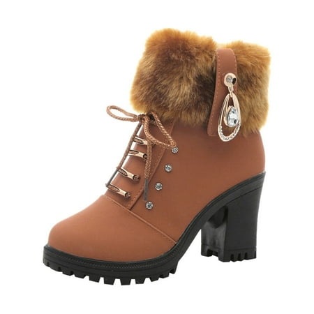 

Aoochasliy Womens Shoes High Heel Boots Shoes Round Toe Solid Color Lace-up Side Zip Fashion High Heels Winter Plush Warm Ankle Boots Saving Clearance