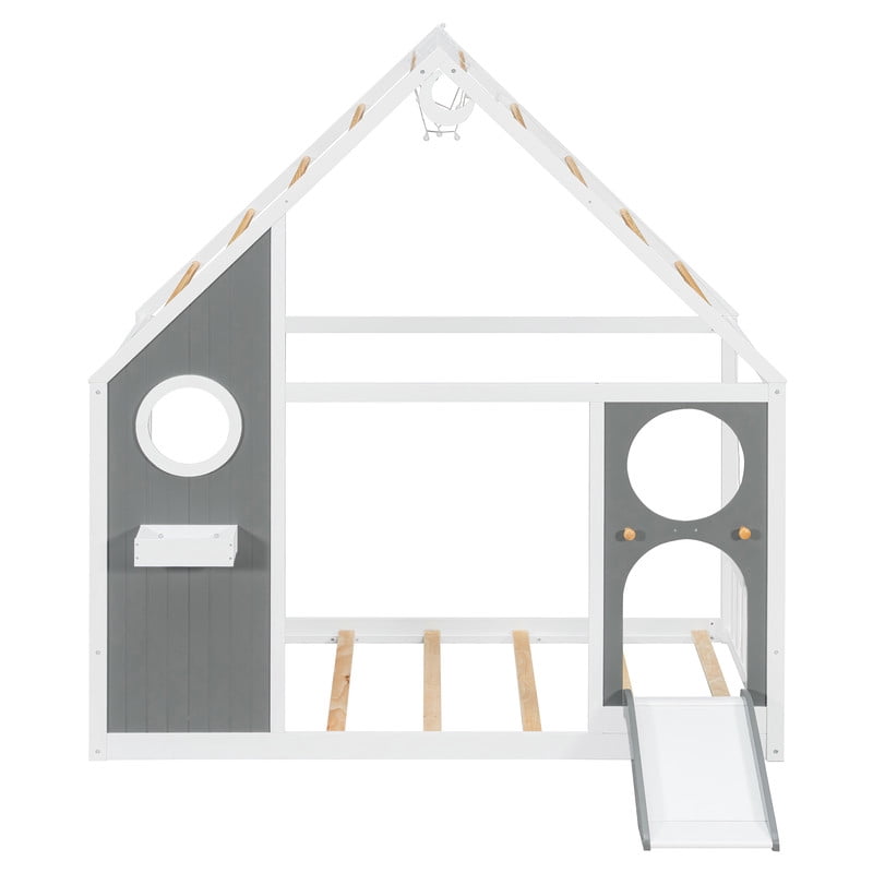 Twin Size Kids House Bed with Small Slide, Wooden Playhouse Floor Design Platform Bed Frame with Light Strip & Storage Shelf