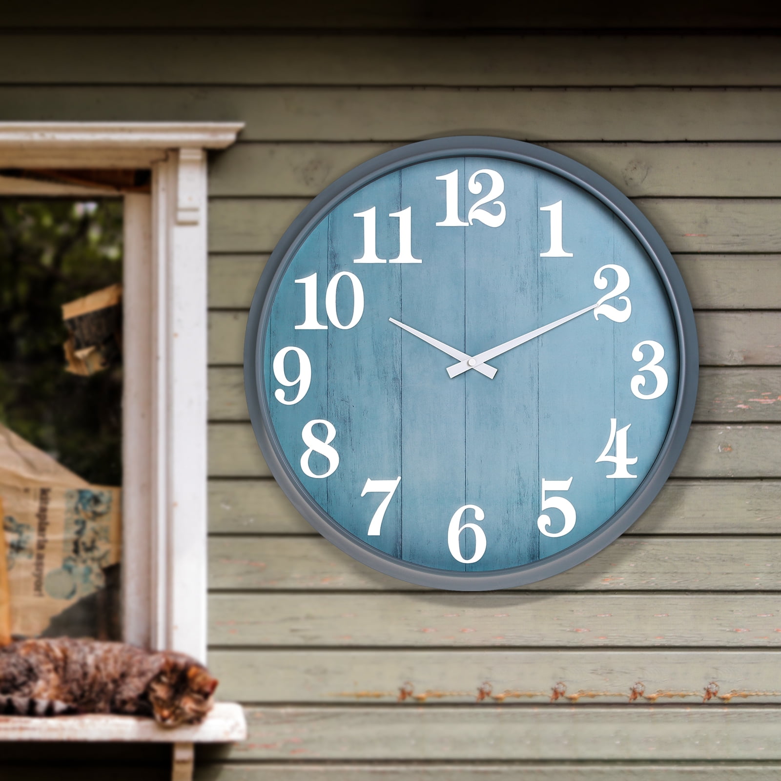 Eyotto 18 Inch Large Indoor Outdoor Clock, Waterproof Silent Oversized Wall Clock with Large Display for Garden Pool Patio Living Room Office Decorative, Blue