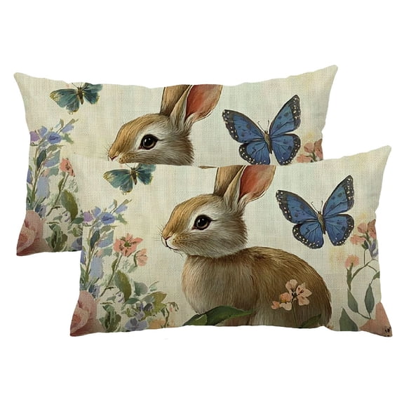 Heduofu Easter Bunny Lumbar Decorative Throw Pillow Covers 12 x 20 Set of 2, Rectangular Cute Rabbit Blue Rose Flower Outdoor Home Decor, Spring Butterfly Couch Cushion Case 12x20inch