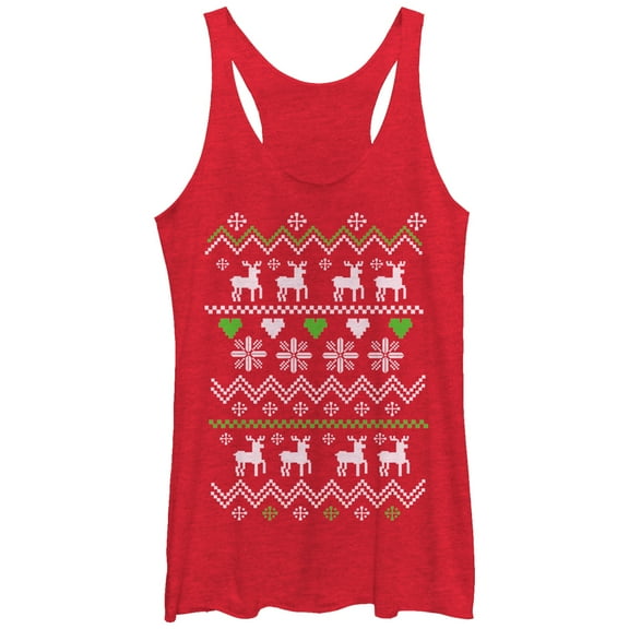 Women's Lost Gods Ugly Christmas Reindeer & Hearts  Racerback Tank Top Red Heather Small