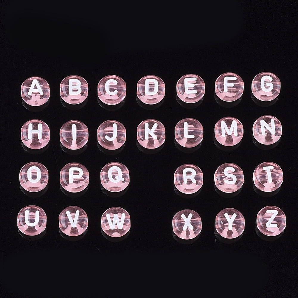 500 g Transparent Acrylic Beads Horizontal Hole Mixed Letters Flat Round Pink 7x4mm Hole: 1.5mm about 3700pcs/500g
