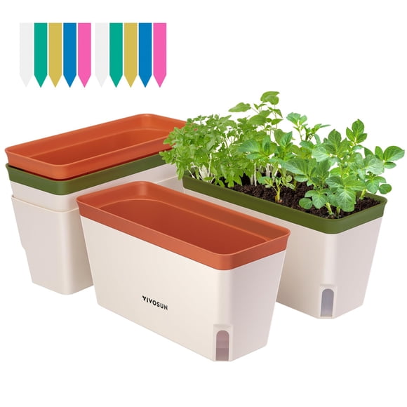 VIVOSUN Self-Watering Planters, 4-Pack 10.5 Inch Compact Rectangular Window Herb Planter Box with 10 PCS Plant Labels, Plant Container for