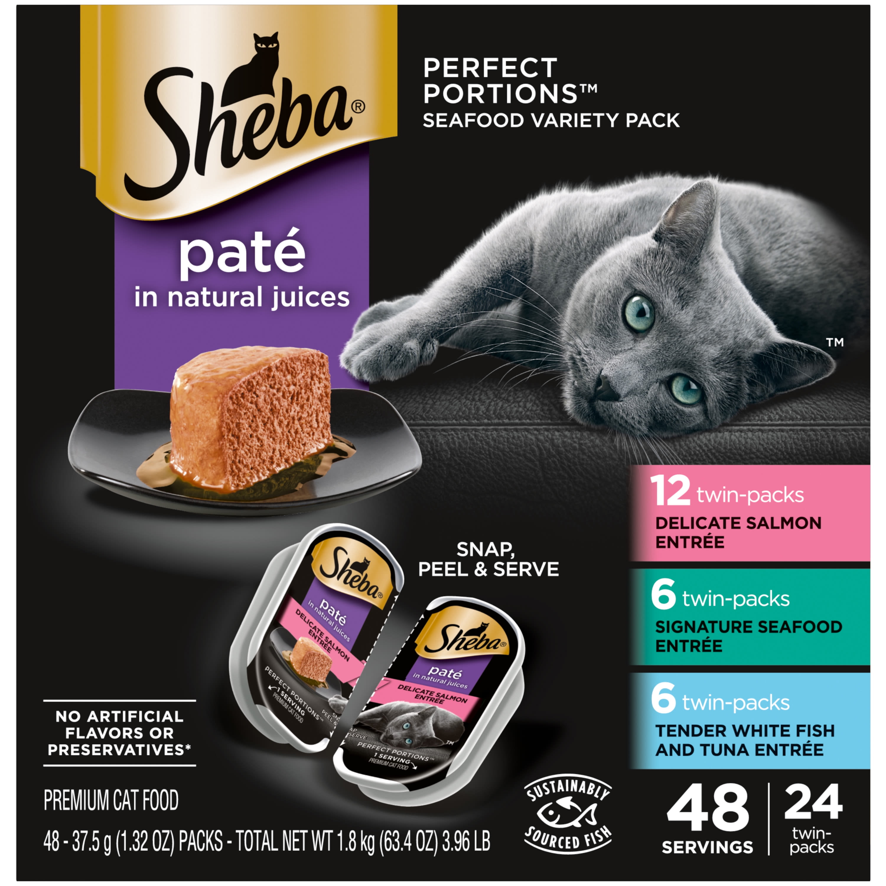 SHEBA Wet Cat Food Pate Variety Pack, Signature Seafood, Delicate Salmon and Tender Whitefish & Tuna Entrees, 2.6 oz. PERFECT PORTIONS Twin-Pack Trays