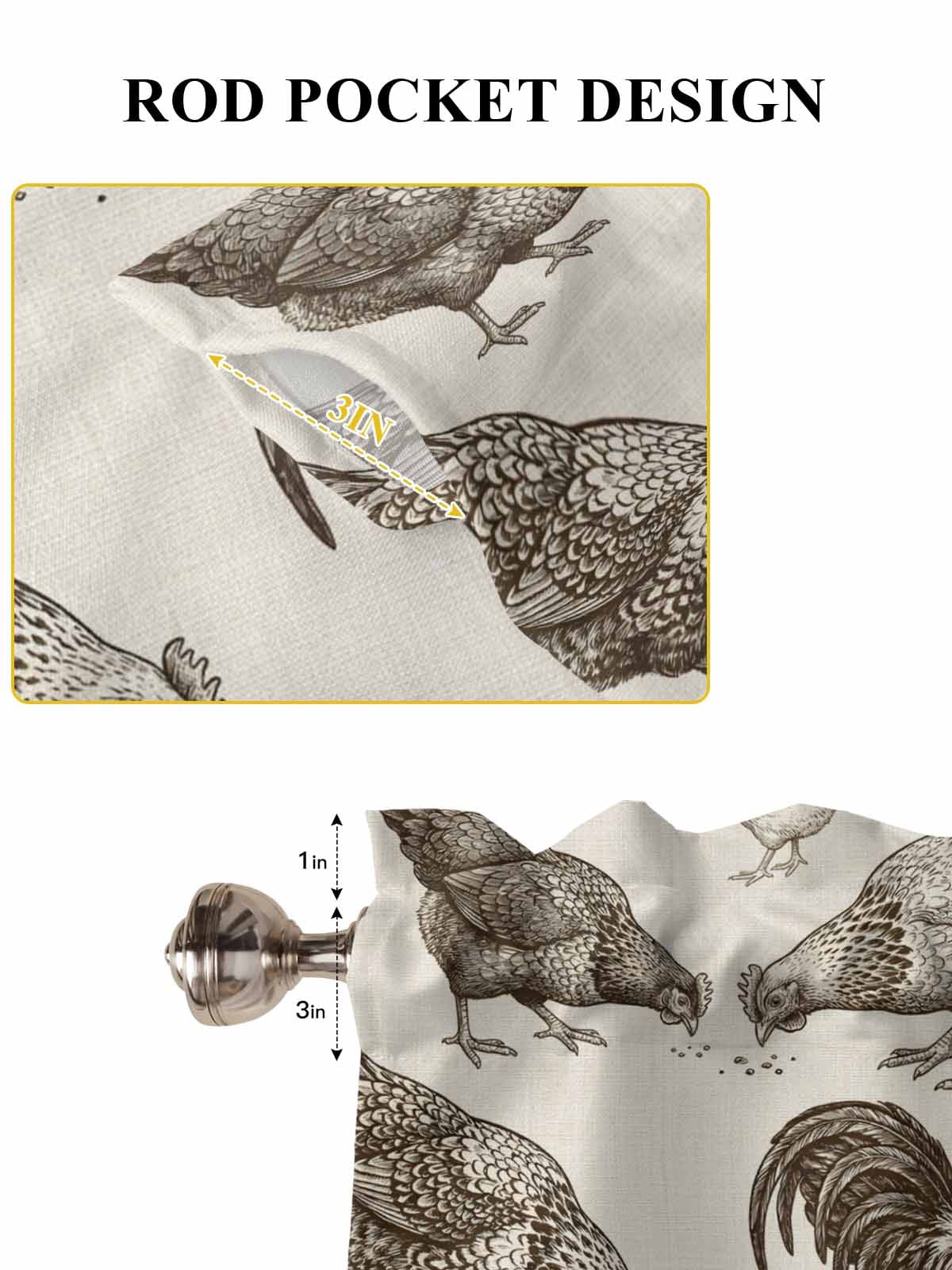 Farmhouse Rooster Kitchen Curtains Tier 24 Inch Length, Rustic Animals Vintage Linen Rod Pocket Light Filtering Window Curtains Living Room Bedroom Curtain Drapes Cafe Curtain 27.5''x24''x2