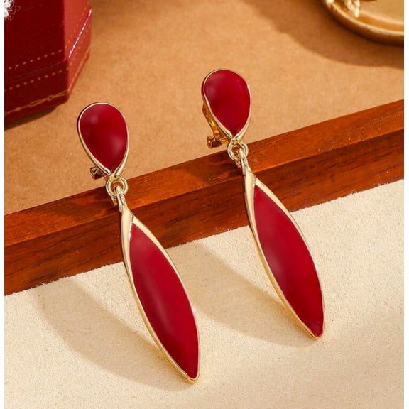 Clip on 2 1/4" gold and red dangle pointed earrings
