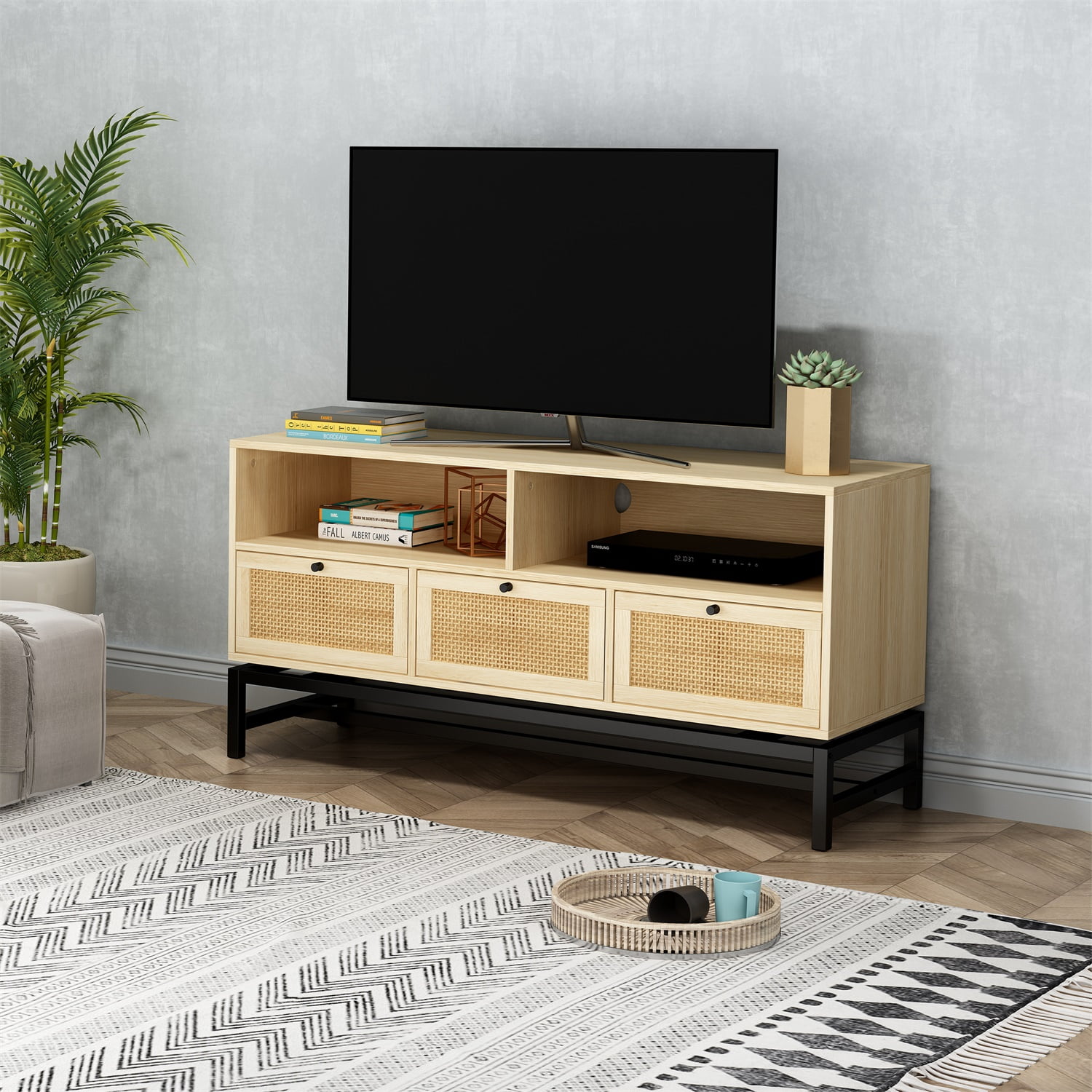 Rattan Furniture Console Table with Metal Bracket, TV Stand with 2 Storage Shelf and 3 Drawer Rattan Furniture Console Table with Metal Bracket, TV Stand with 2 Storage Shelf and 3 Drawer