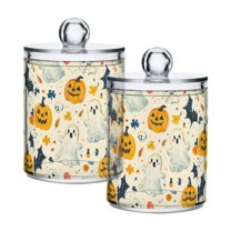 Yayeee 2 Pack Qtip Holder Bathroom Cotton Swab Canister with Lid Clear Dispenser Set, Halloween Cute Ghosts