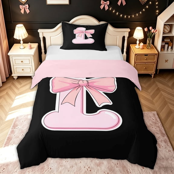 meiyoeat Black Pink Letter L Twin Duvet Cover for Kids Girls, Kawaii Princess Bow Monogram Twin Bedding, Pink Reversible, 2pcs
