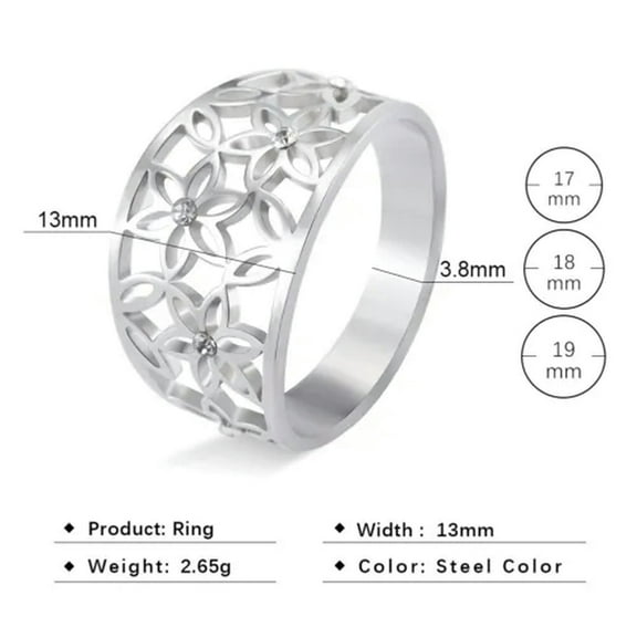 Stainless Steel Flower Rings with Rhinestone Wide Delicate Boho Rings for Women