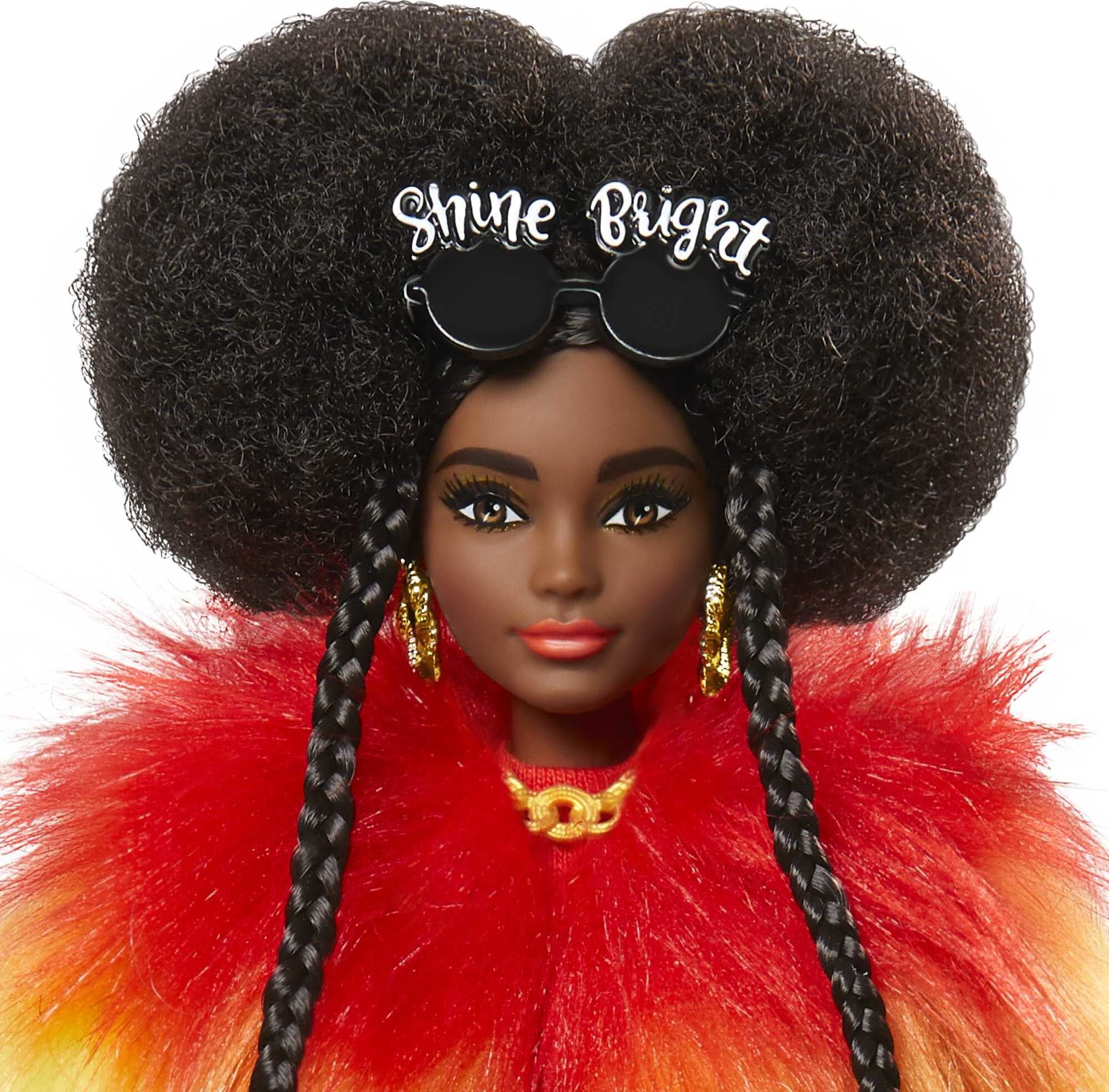 Barbie Extra Fashion Doll with Afro-Puffs in Shaggy Rainbow Coat with  Accessories & Pet