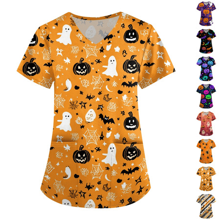 Halloween Costumes Scrub Tops Women Cute Dressy Casual Blouses Short Sleeve Pumpkin Pattern Crewneck Loose Fit Fall Daily Shirts Tops Orange L