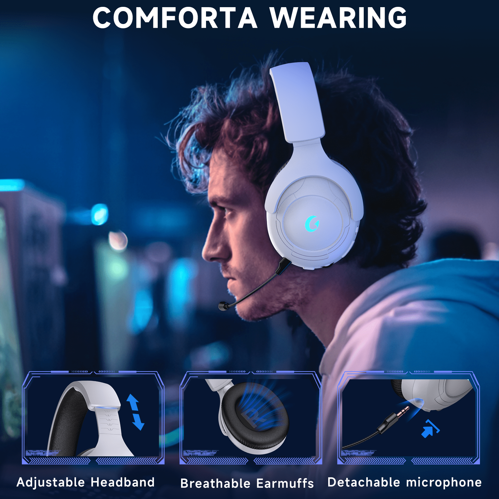 Froura Wireless Gaming Headsets for PS5 PC Switch PC with Bluetooth 5.2, 2.4 GHz USB Gaming Headphones with Detachable Noise Canceling Mic, 40H, 3.5mm Wired for Xbox Series,White