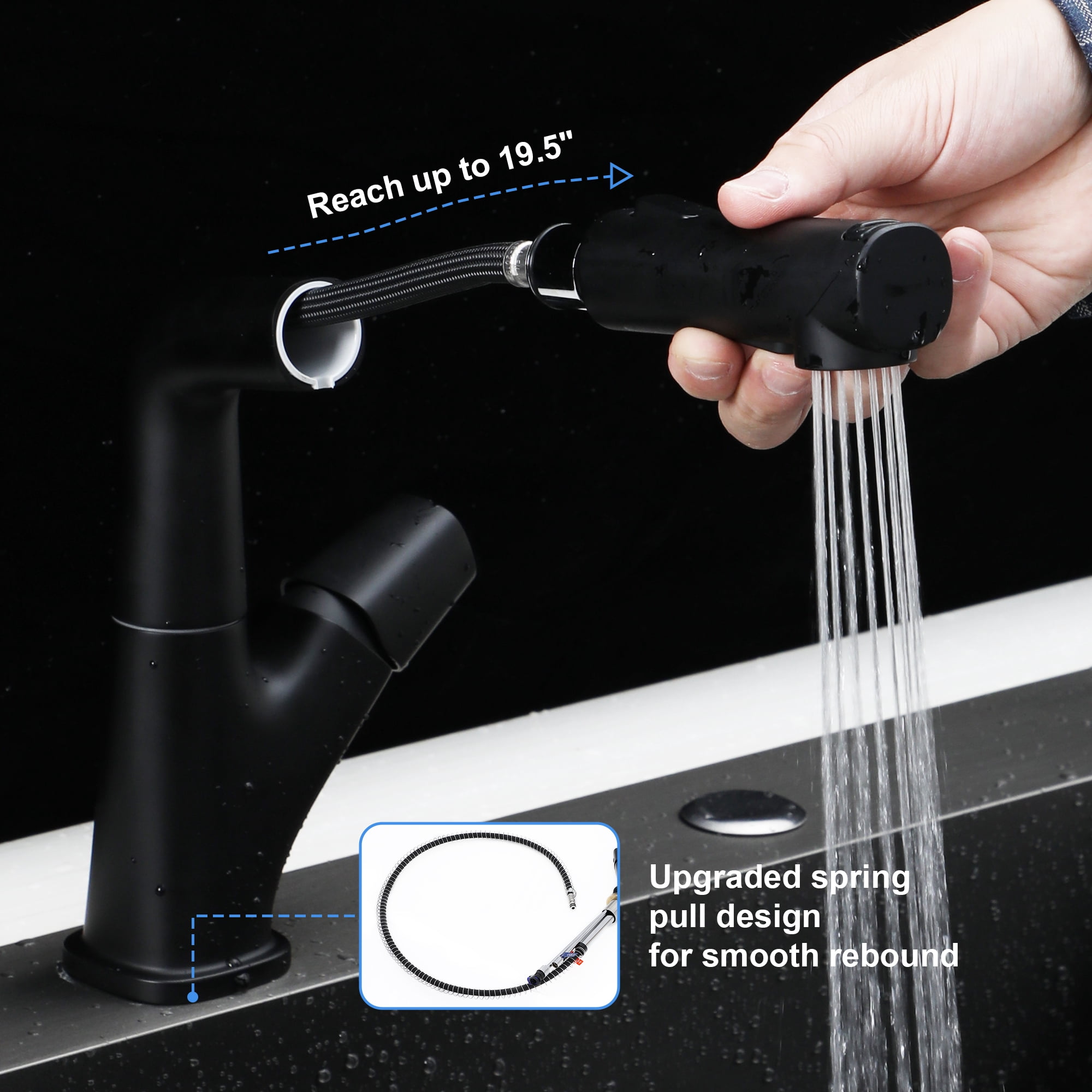 Logmey 19.5" Pull-Out Bathroom Faucet with Sprayer 360° Liftable Head BPA-Free Teeth & Pet Wash Matte Black LM-WAL-SLC2402-2-MB