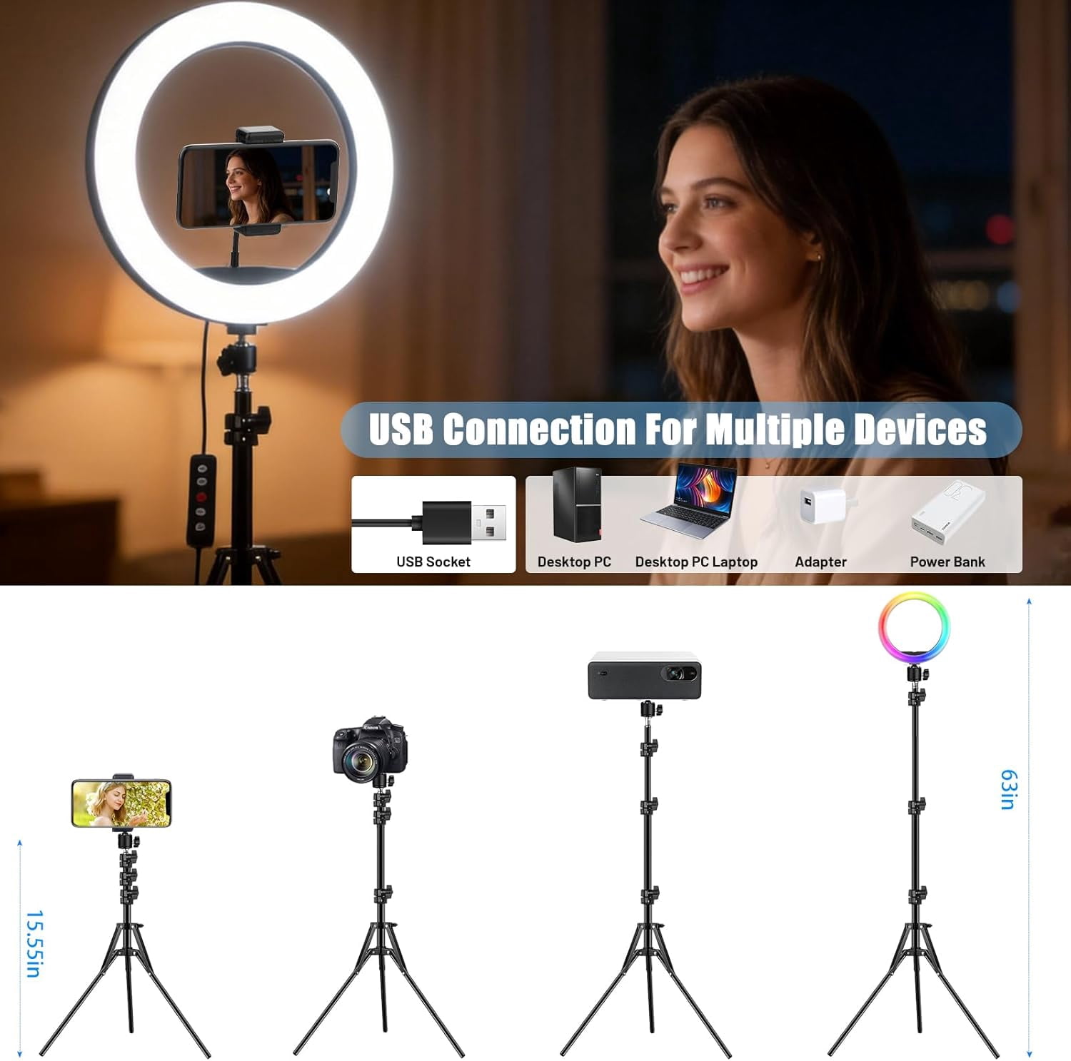 13" Selfie Ring Light with 63" Stand and 3 Phone Holder, 53 Lighting Modes, iPad Holder, Remote, Desk Tripod, RGB Ringlight for iPhone. Vlogging Circle Led Halo Light Photo Video Kit