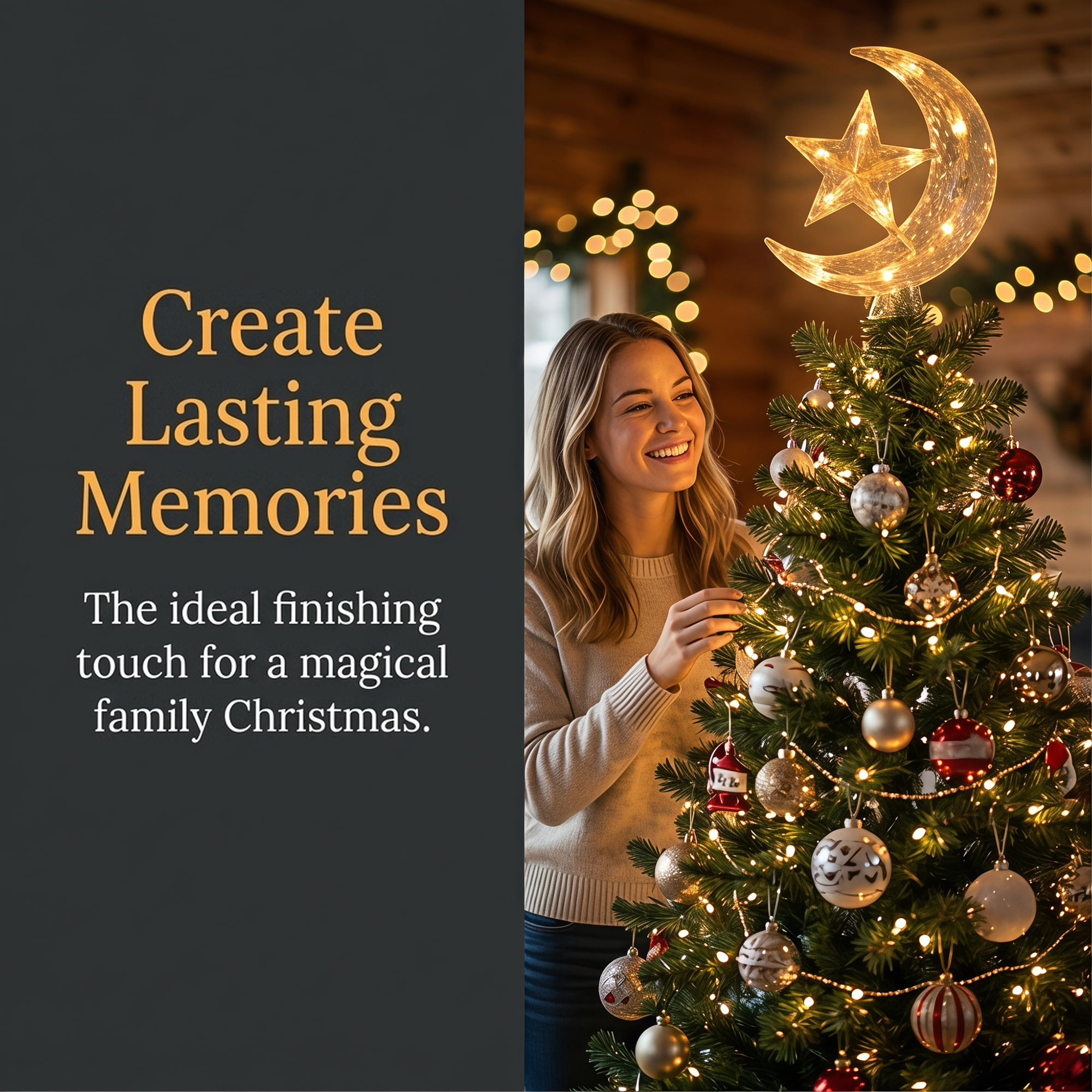 Unique Bargains Tree Finial Battery Operated Spring Mount Star Moon Warm White Lights 7.9"