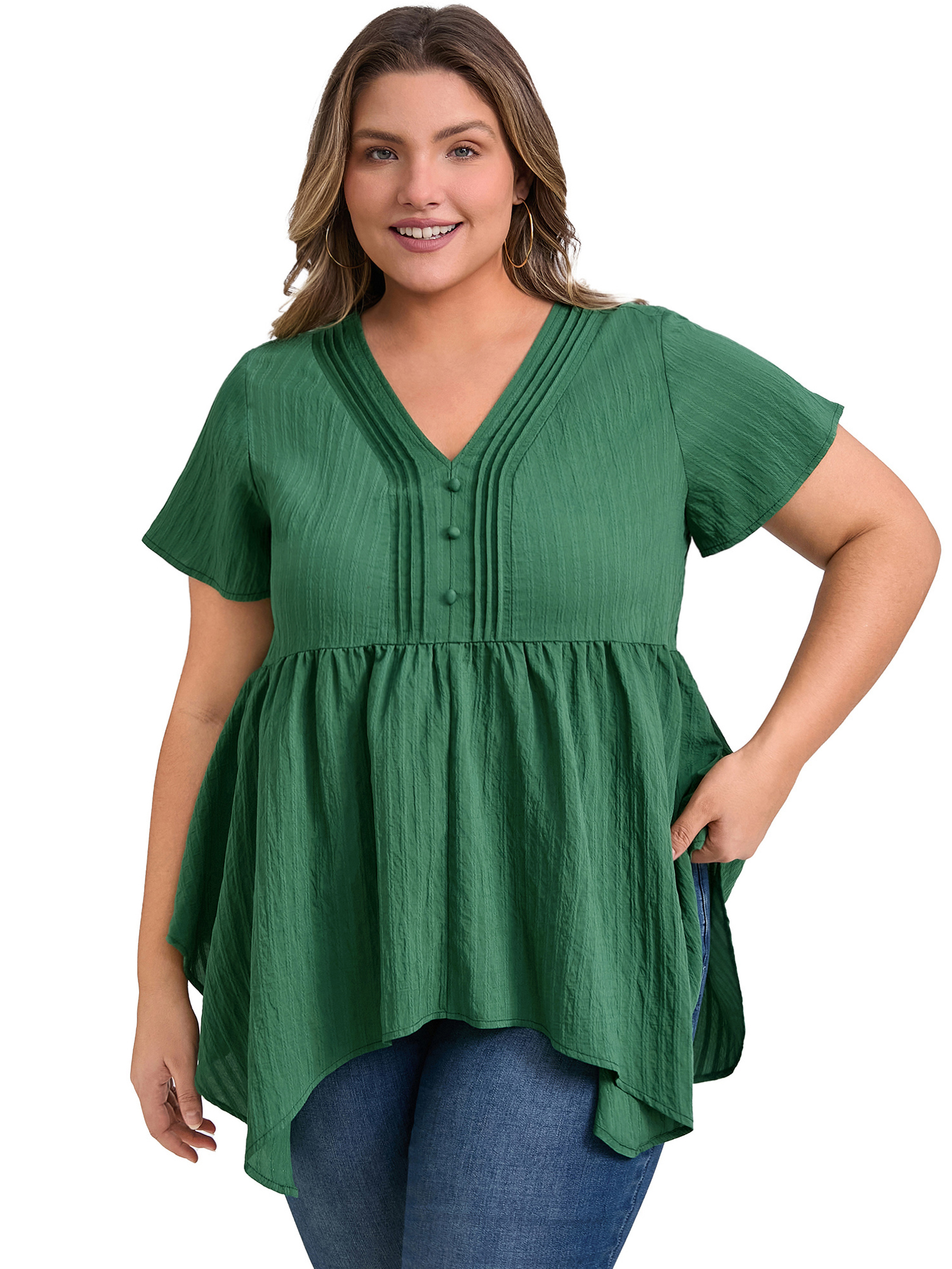 DARING DIVA Women's Plus Size V Neck Short Sleeve Asymmetric Hem Babydoll Top 3X Dark Green