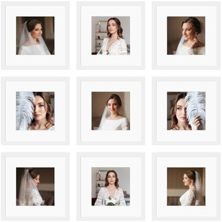 12x12 Picture Frame Set of 9, Display Pictures 8x8 with Mat or 12x12 without Mat, Multi Collage Gallery Square Photo Frames for Wall or Tabletop, White