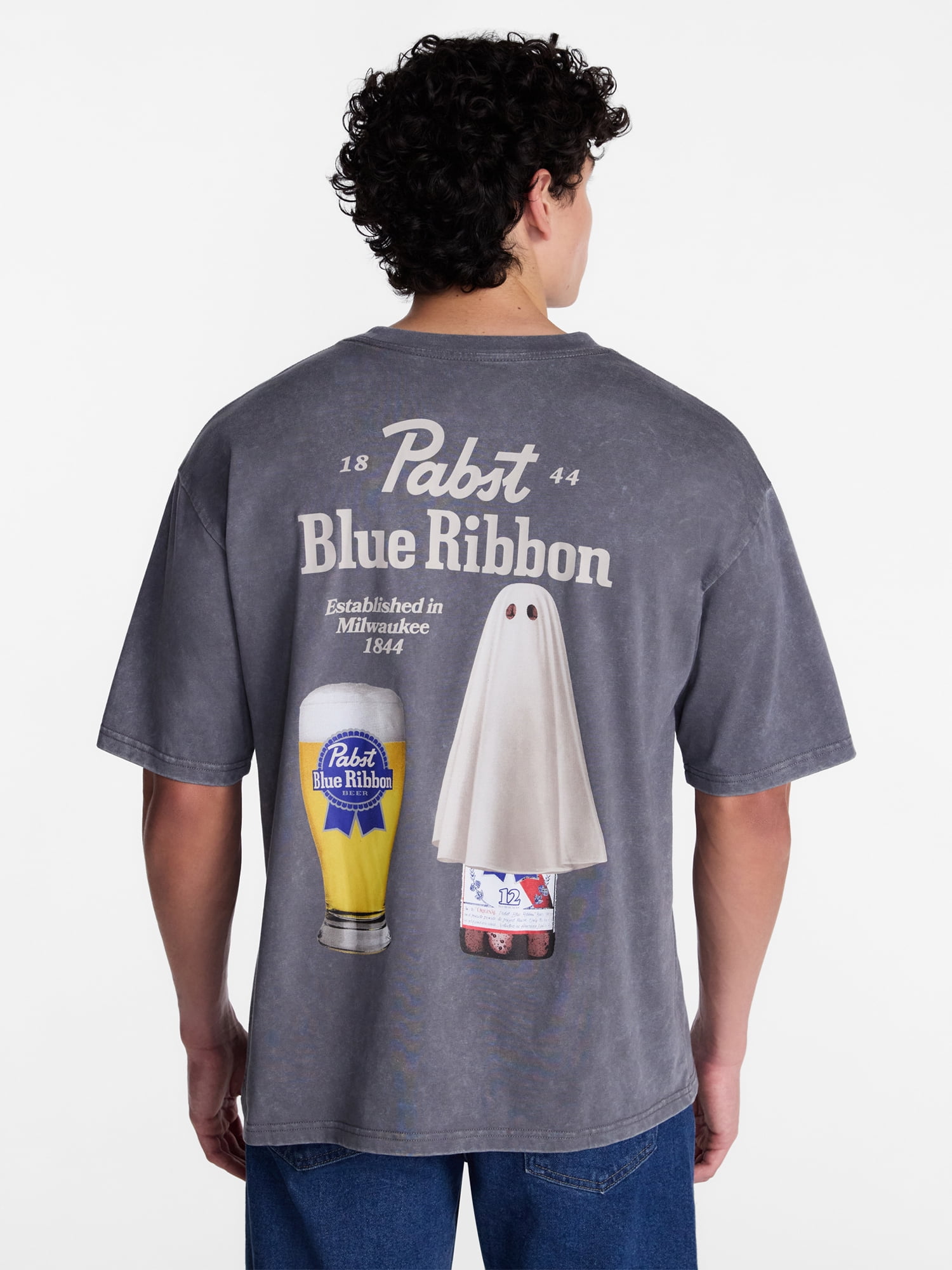 Pabst Blue Ribbon Ghost Men's Halloween Front and Back Graphic Tee, Sizes XS-5XL