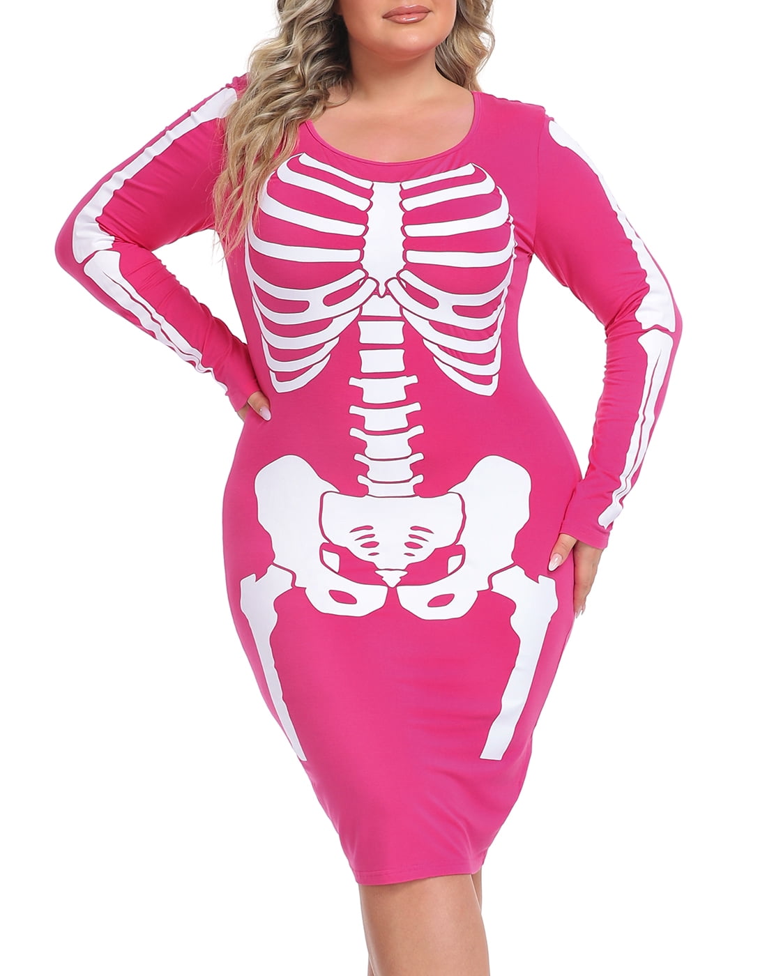 pink skeleton dress HDE Plus Size Skeleton Dress Halloween Costume Stretchy Long Sleeve Mini Dress