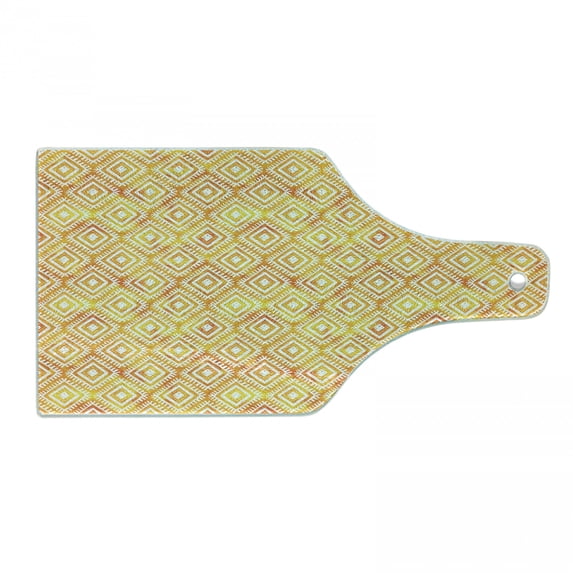 Aztec Cutting Board, Watercolor Folk Ornamental Diamond Forms Ikat Effects Pattern, Decorative Tempered Glass Cutting and Serving Board, Wine Bottle Shape, Earth Yellow Marigold, by Ambesonne