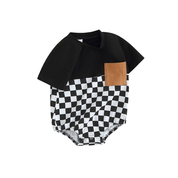 Infant Baby Boy Rompers Short Sleeve Round Neck Checkerboard Print Pocket Bodysuits