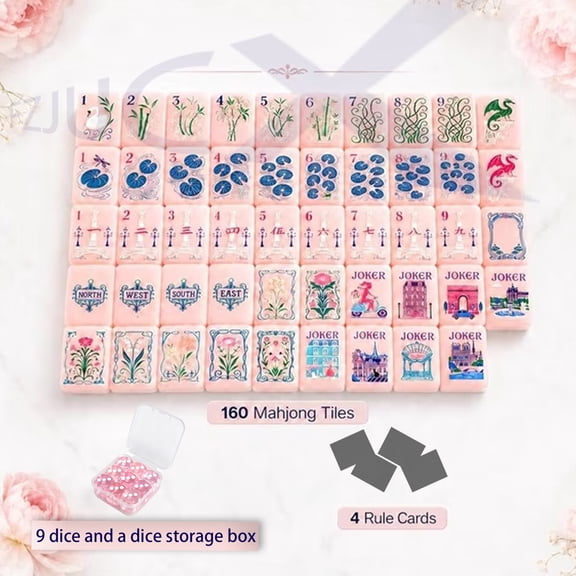 Pink American‑Style Mahjong Set, 160 Acrylic Tiles with Pink Base, Paris‑Themed Design for Women, Luxury Desktop Game – Perfect for Ladies’ Night Gifts