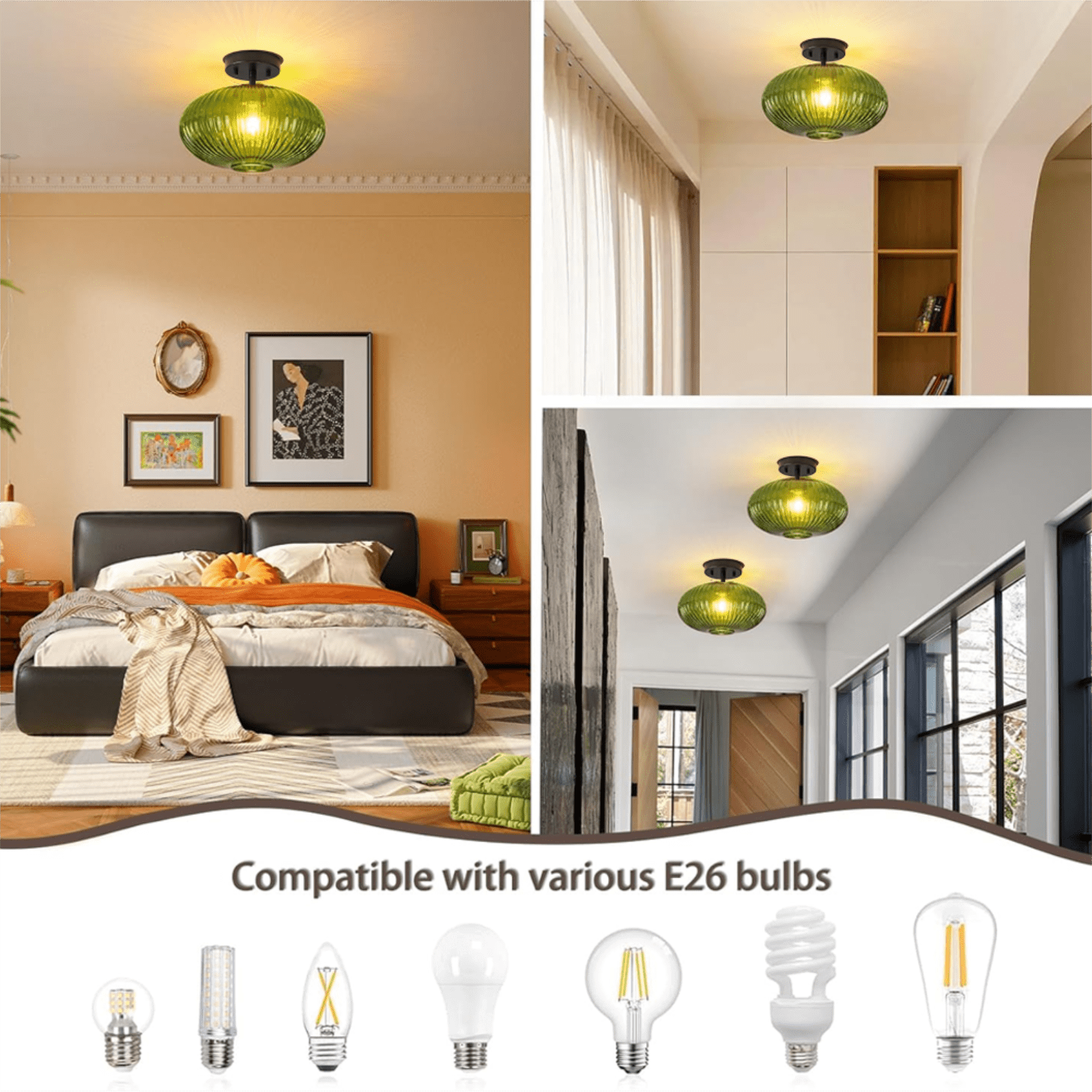 Green Ribbed Glass Semi Flush Mount Ceiling Light, E26 Base Close to Ceiling Fixture for Hallway, Bedroom & Kitchen