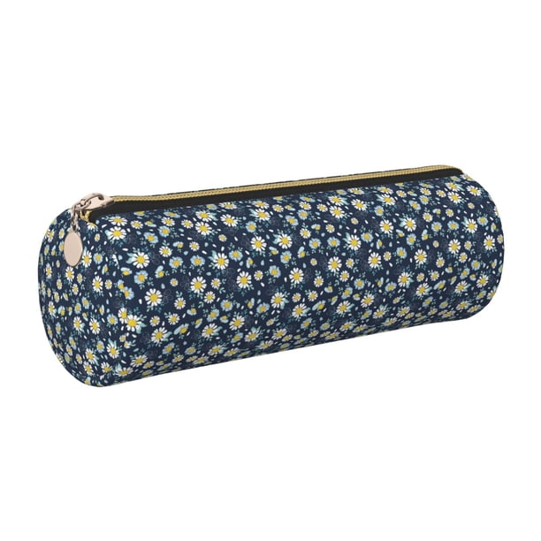 Easygdp Daisy Floral B para Estuche de Lápices Cilíndrico de Cuero con Cremallera, Organizador de Lápices de Cuero para Escuela, Oficina y Viajes