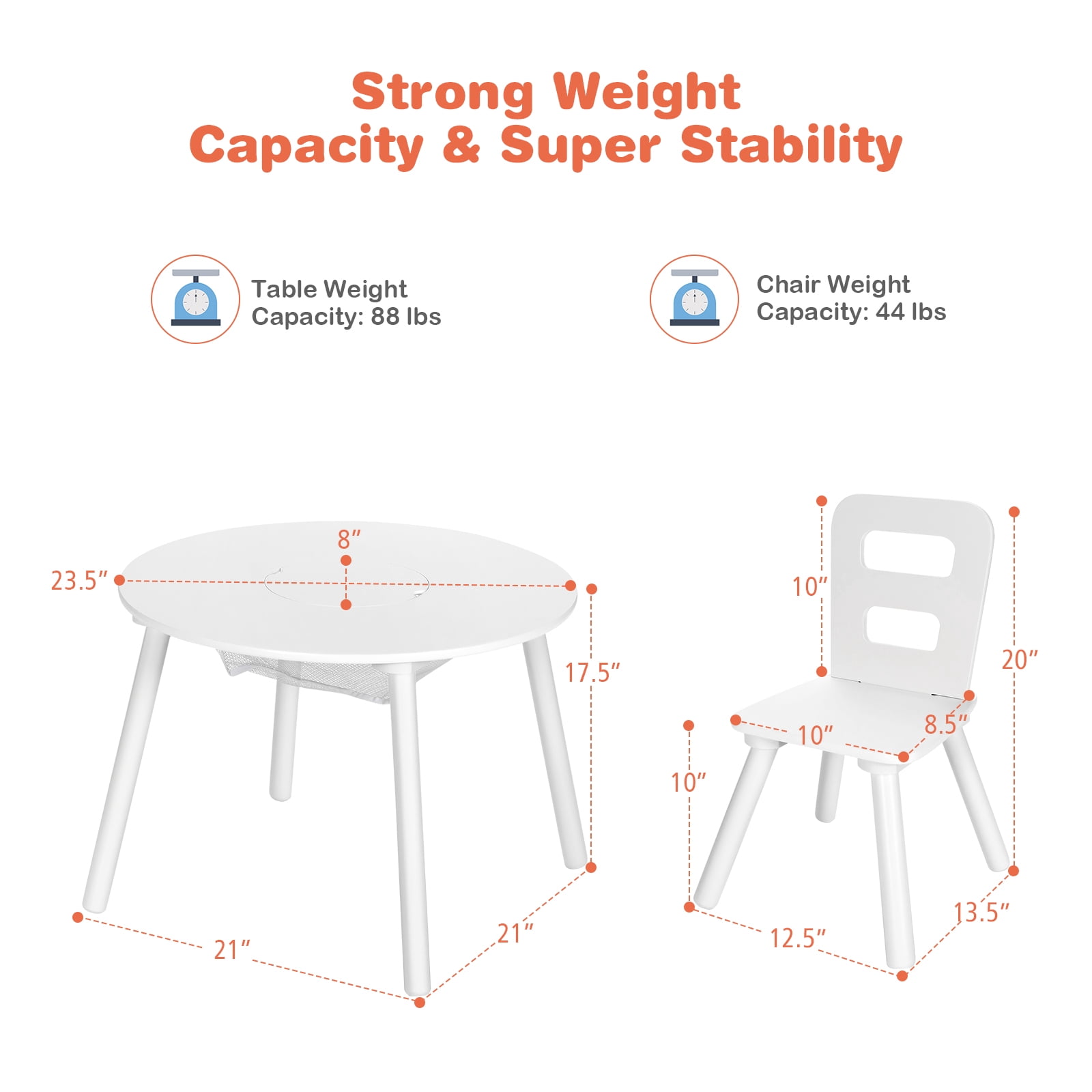 Infans Kids Wooden Round Table & 2 Chair Set w/ Center Mesh Storage White