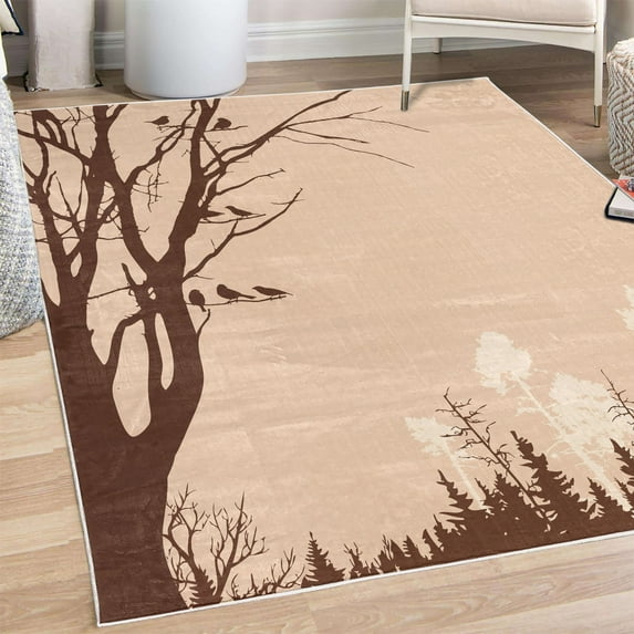 Forest Decorative Rug, Nature Theme the Panorama of a Forest Pattern Birds on Tree Branches Print, Quality Carpet for Bedroom Dorm and Living Room, 6 Sizes, Brown Champagne, by Ambesonne