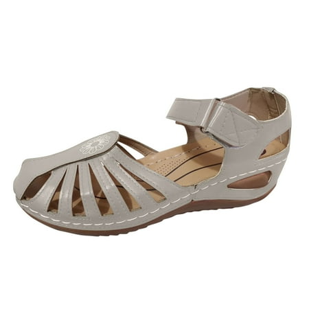 

iOPQO Women s sandals Ladies Large Size Retro Flat Round Toe Hollow Breathable Buckle Strap Sandals large size retro flat round Grey 41