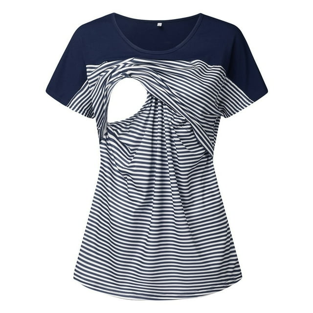 Bwiyojiz Tailles P-TTG Robe de Maternité Femmes Enceintes Allaitement à Rayures Col Rond Manches Courtes Blouse d'Allaitement Vêtements, Cadeaux d'Amitié pour Femmes