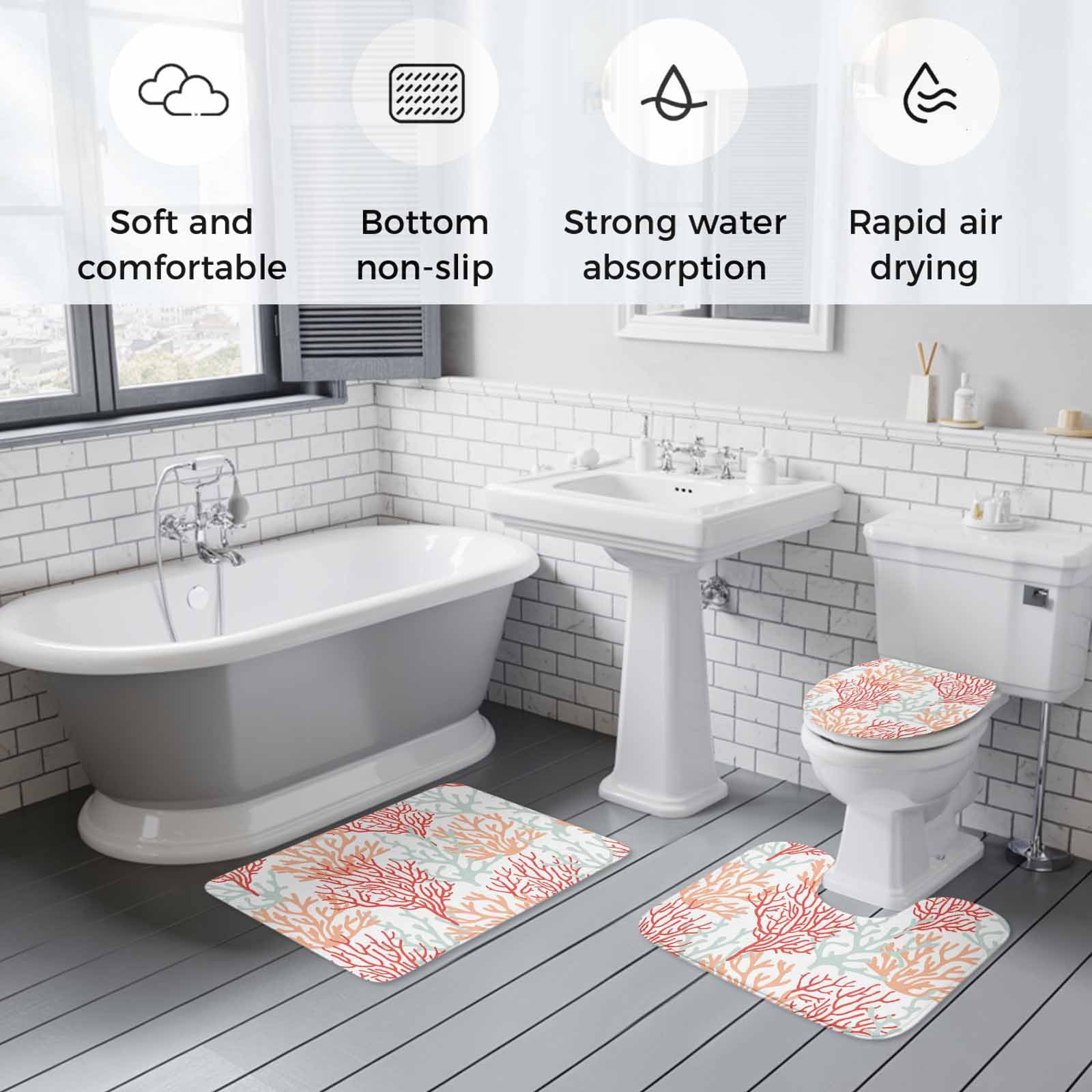 Red Orange Grey Coral Coastal Bath Mat 3 Piece Bathroom Rug Set, Summer Beach Seaside Nautical Non Slip Bath Rug Contour Mat and Toilet Lid Cover, Absorbent Shower Mats Soft Bath Rugs and Mats Sets