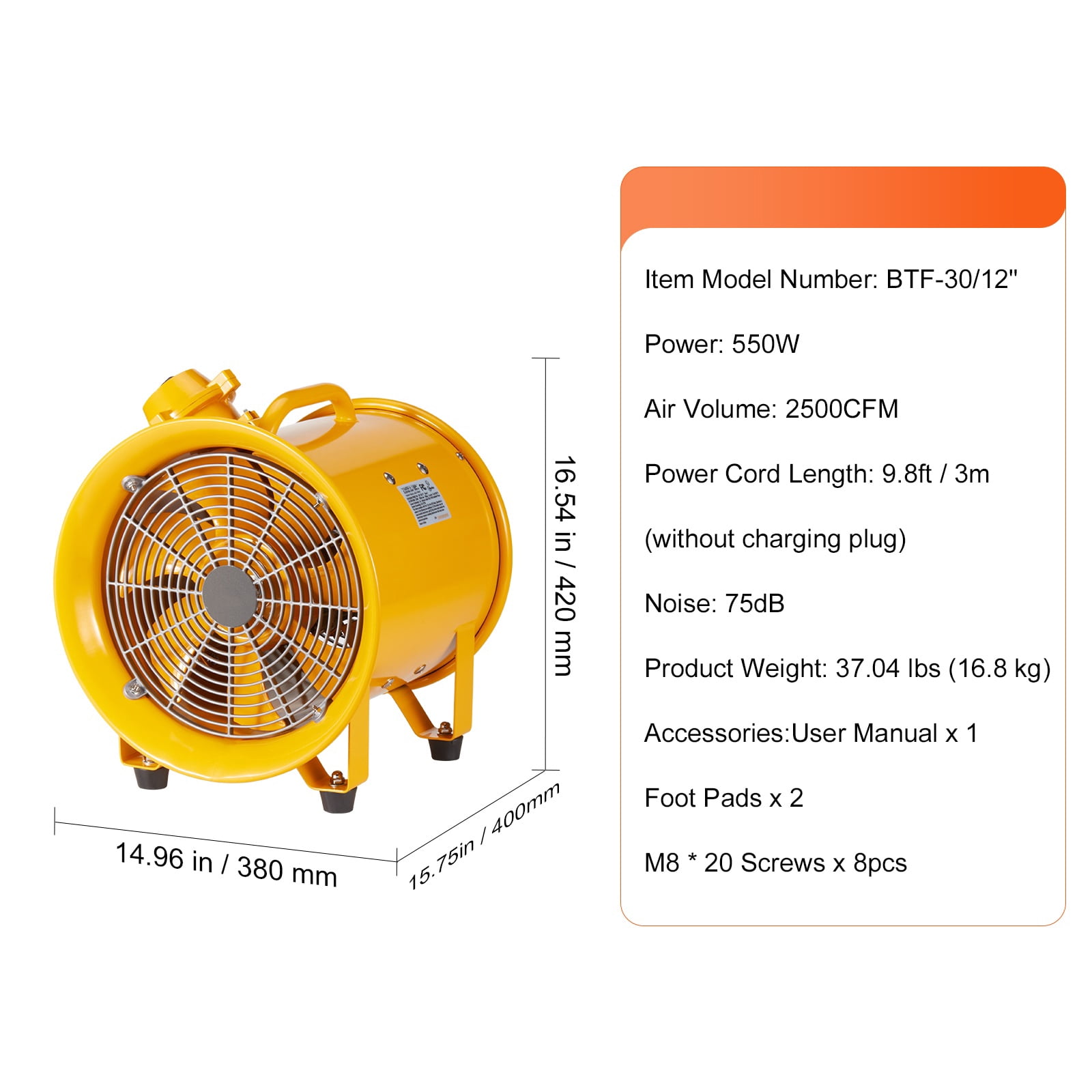 KFFKFF 12" Extractor Fan Blower Portable 9.8ft Power Cord Ventilator Industrial
