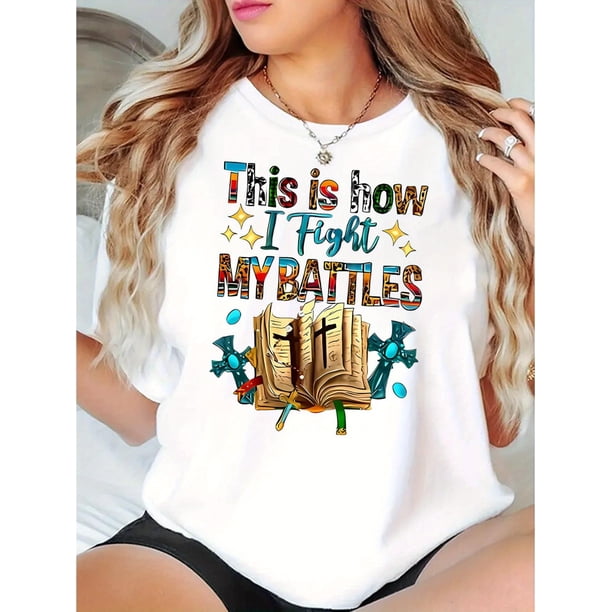 Camisetas con gráficos clásico para mujeres y adolescentes y niñas, playera de verano con estampado estéticoWomen's Casual Graphic Tee - "This Is How I Fight My Battles" Book & Floral Print Design,