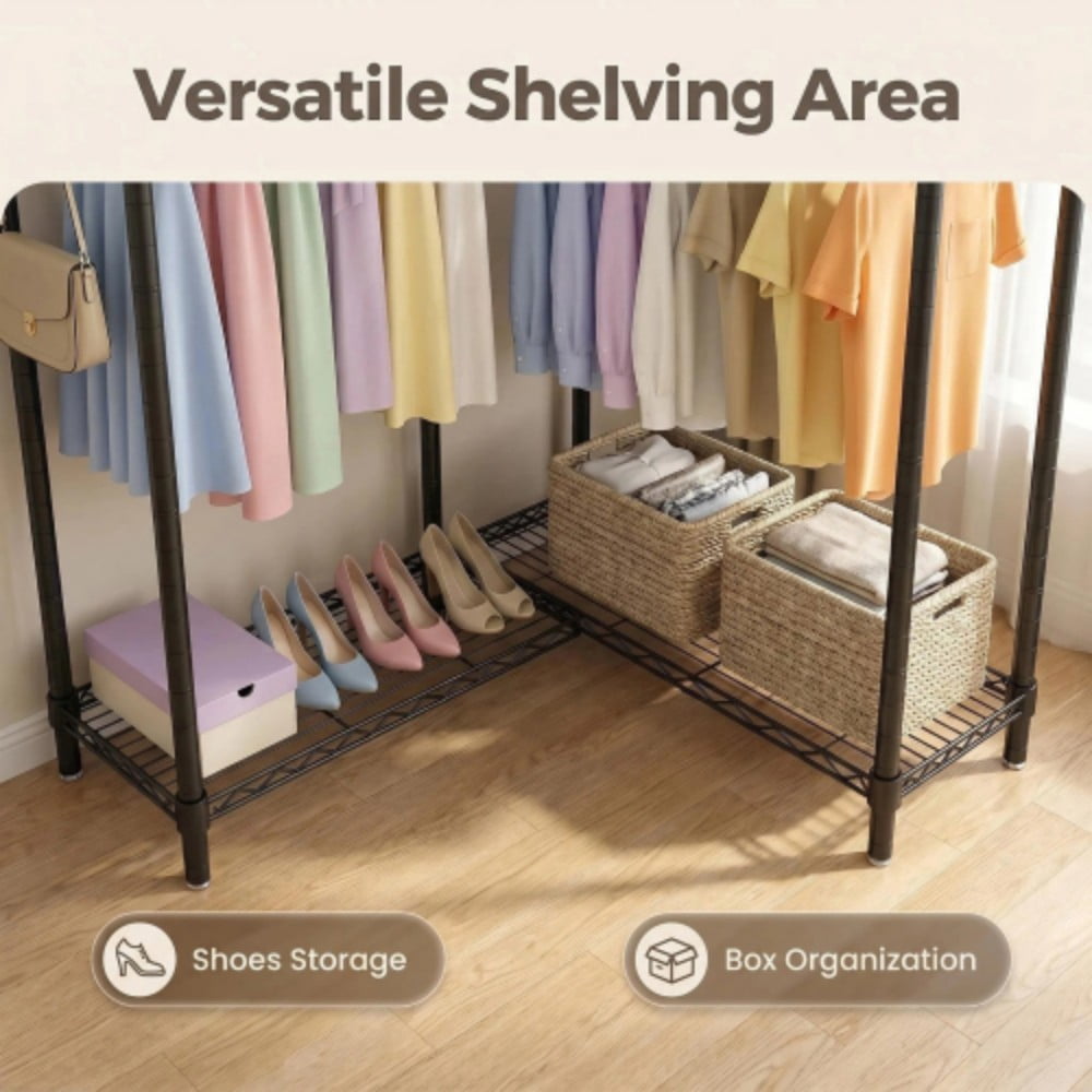 L-Shaped Garment Rack for Corner, Heavy Duty Clothes Rack with 5 Adjustable Shelves, 3 Hanging Rods & Side Hooks, Freestanding Clothing Organizer, Black