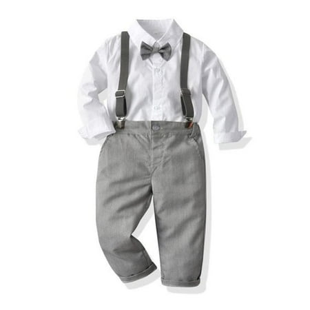 

Toddler Boys Linen Shirt Suspenders Set Baptism Christening Wedding Outfit Ring Bearer 6 Years Boys