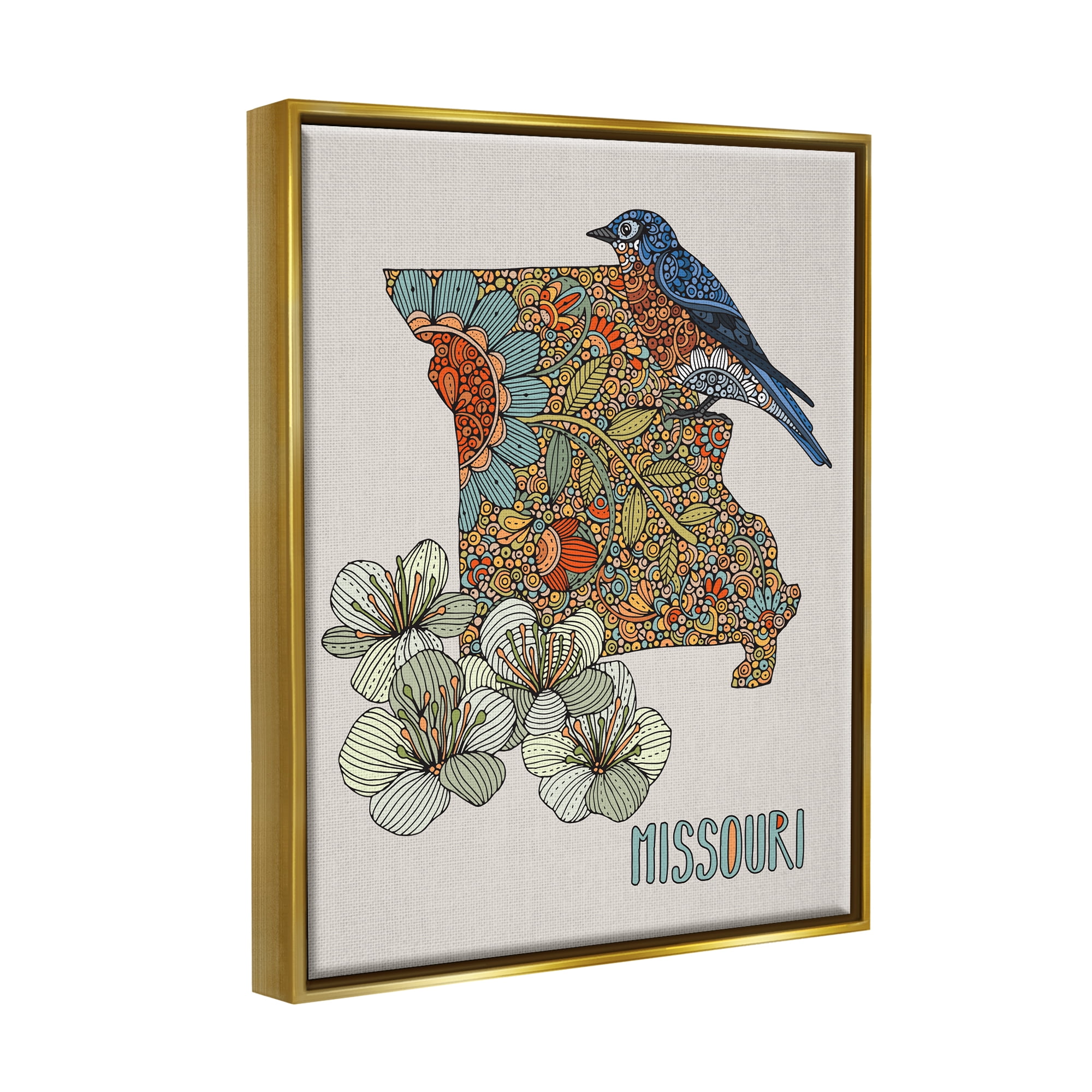 Stupell Industries Missouri Bluebird State Flower Blossoms Intricate Patterns Graphic Art Metallic Gold Floating Framed Canvas Print Wall Art, Design by Valentina Harper
