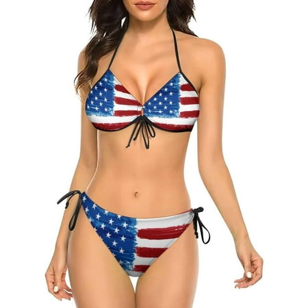 SKQIT Women s Two Piece Bikini Swimsuit  Bright American Flag Print Sexy Swimwear Halter String Triangle Bikini Sets