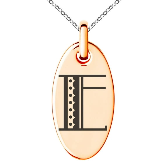 Stainless Steel Letter E Initial Metro Retro Monogram Engraved Small Oval Charm Pendant Necklace