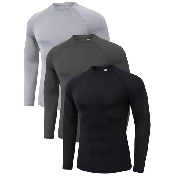 QPNGRP Men's 3 Pack Dry Fit Long Sleeve Athletic Shirts Workout Running Shirts Black Light Grey Dary Grey L