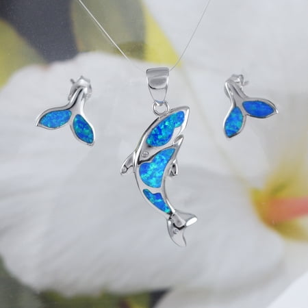 Unique Hawaiian Blue Opal Orca Whale Earring and Necklace, Sterling Silver Blue Opal Orca Killer Whale CZ Eye Pendant, N6166S Birthday Gift