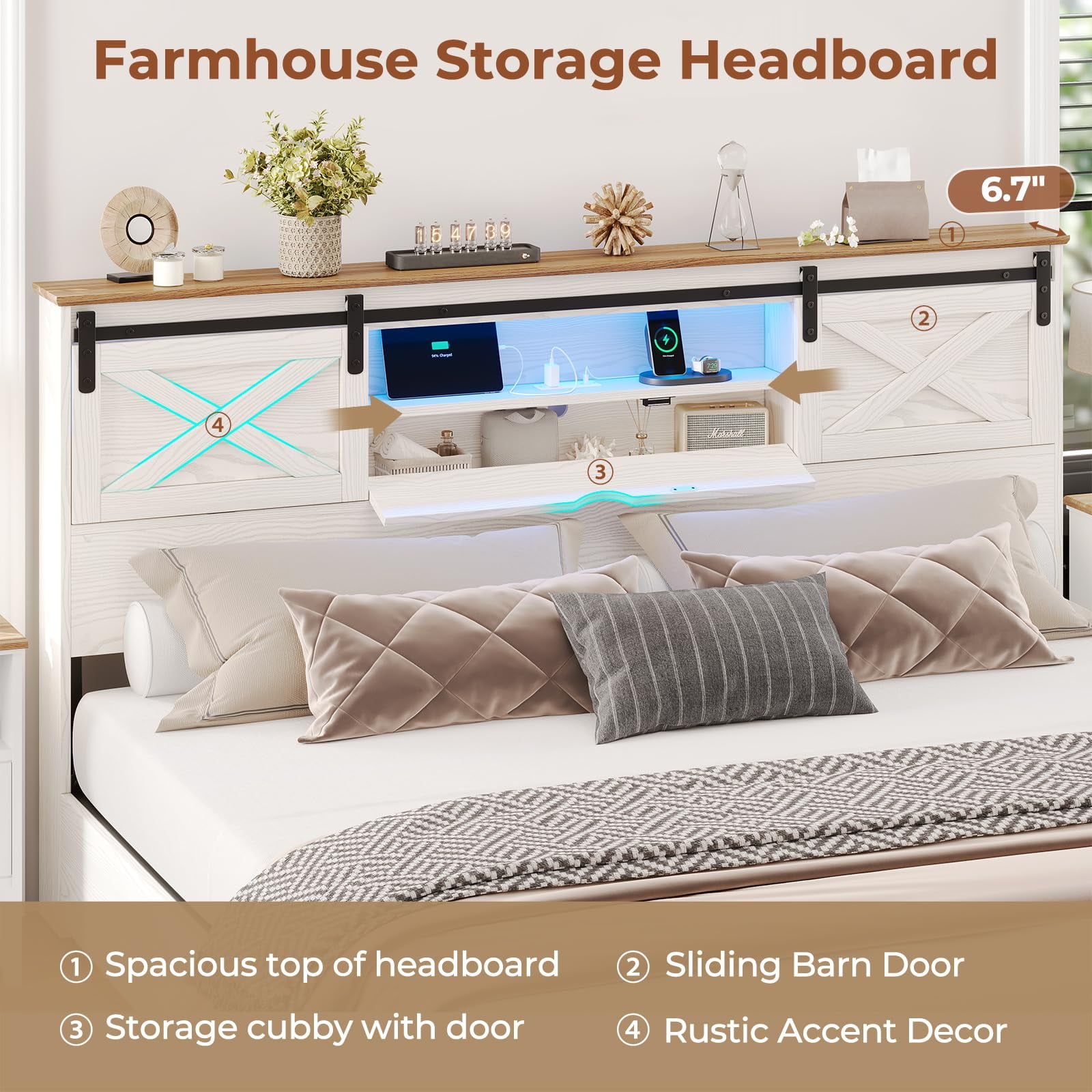 King Size Bed Frame with LED Lights and Charging Station, Farmhouse Storage Bed Frame with Headboard and Drawers, No Box Spring Needed, White
