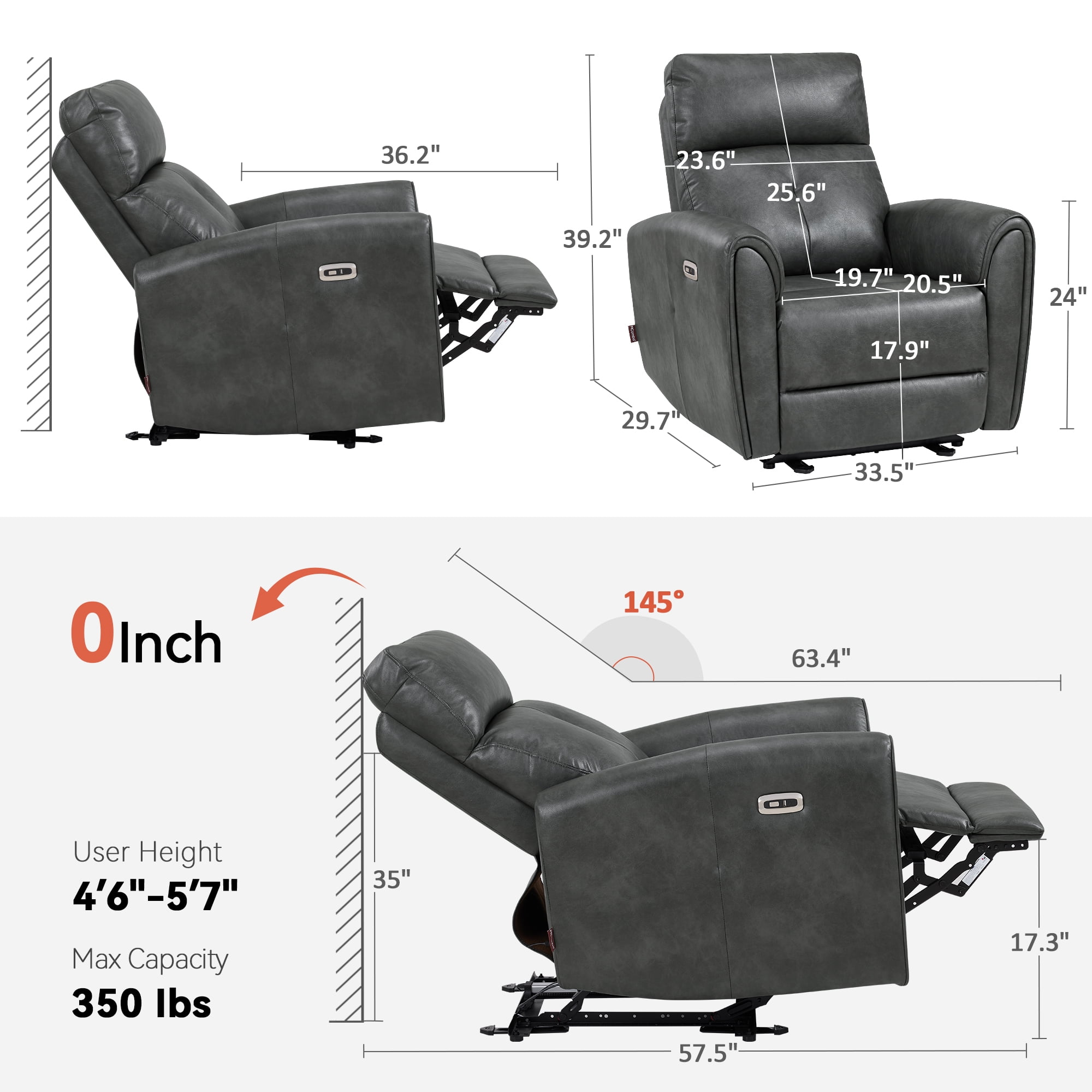 MCombo Zero Wall Hugger Power Recliner Chair for Small Spaces, FSC Certified, Faux Leather, Dark Grey
